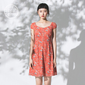 001人付款天猫非鱼2020夏装新款女裙子方领短袖中长