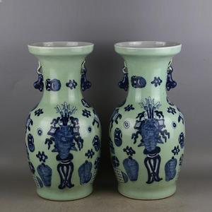 民国豆青釉手工青花加白平升三级掸瓶文革厂货仿古瓷古玩古董收藏