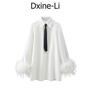 DXINE 2024春季时尚新款领带羽毛袖白色衬衫女长袖衬衣洋气连衣裙