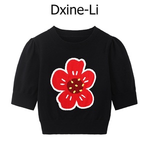 DXINE 2023春季新款圆领泡泡袖海棠花朵刺绣印花短袖毛衣针织衫