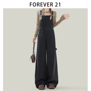 Forever 21黑色牛仔连体裤女装美式摩登长裤高腰蓝色大阔腿背带裤