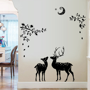 欧式风格两只鹿剪影黑色贴纸树枝叶子月亮自粘墙纸动物墙贴画壁纸