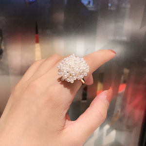 韩国新款甜美珍珠花朵开口戒指女ins潮 优雅简约百搭网红食指指环