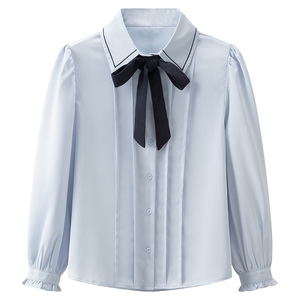36153学院风系带蝴蝶领结衬衣女春季打褶泡泡袖直筒型雪纺衬衫