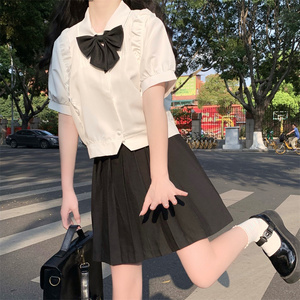 洛丽塔jk制服套装学院风百搭荷叶边短袖上衣娃娃领衬衣黑色百褶裙