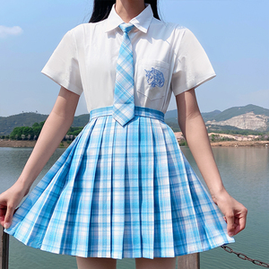 星河原创海盐汽水jk制服裙正版学生蓝色百褶裙格裙短裙套装夏季