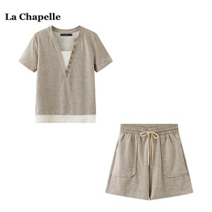拉夏贝尔/La Chapelle假两件V领短袖t恤高腰短裤女夏季休闲俩件套