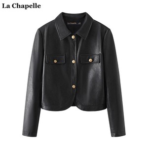 拉夏贝尔/La Chapelle黑色PU皮夹克外套女2024春季新款高级感皮衣