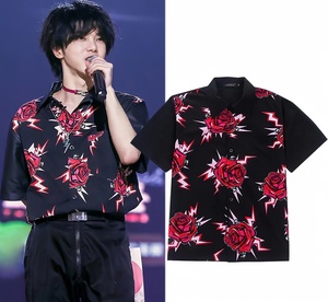 花花华晨宇明日之子同款衣服黑色玫瑰印花休闲宽松短袖衬衫男女款