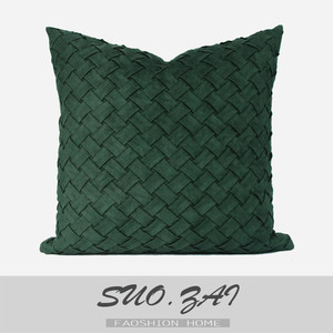 现代简约 样板房软装抱枕沙发靠垫套靠包 墨绿色皮绒手工编织方枕