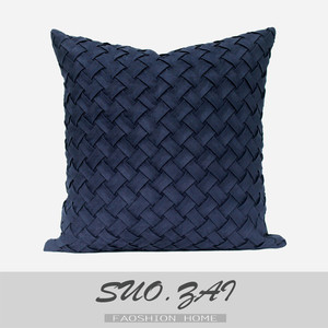 现代简约样板房软装抱枕套高档沙发靠垫套藏蓝色皮绒手工编织方枕