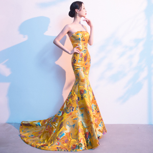 2022秋冬季舞台走秀演出美体修身改良版旗袍裙抹胸拖尾龙袍晚礼服