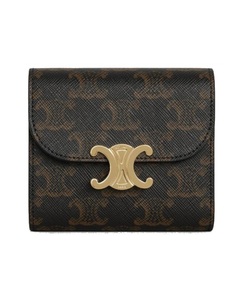 celine 思琳 棕色凯旋门老花徽标logo三折按扣零钱包短款钱包女士