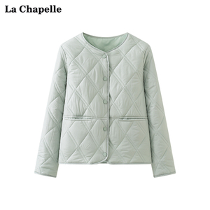 拉夏贝尔/La Chapelle圆领菱格排扣棉服外套女短款棉衣外套新款冬