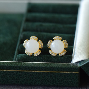 和田玉白玉花朵耳钉金镶玉小花耳环耳坠耳针女耳饰聚会首饰