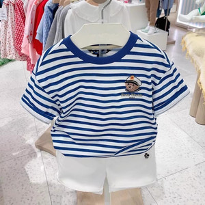 2024夏款小熊童装男童休闲圆领海军风蓝色条纹短袖T恤