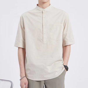 纯棉立领衬衫男短袖夏季纯色口袋休闲中山装韩版潮流商务套头衬衣