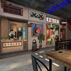 3d怀旧80年代马路边边壁纸串串香市井火锅麻辣烫烧烤餐厅饭店墙纸