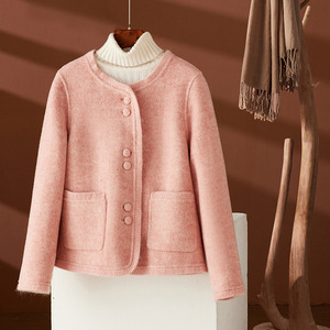 粉色小香风双面羊绒大衣女短款秋冬新款韩系小个子针织边羊毛外套