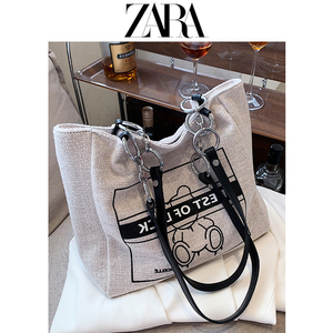 zara帆布大容量包包女2022新款小众设计大学生上课通勤托特斜挎包