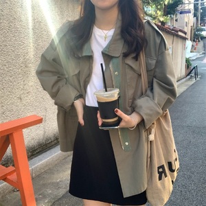 日本代购sly小个子工装风衣外套女春秋bf短款宽松收腰灰绿色上衣