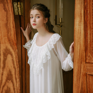 秋冬款双层网纱莫代尔长袖睡裙女长款宫廷复古风公主性感少女睡衣_阿