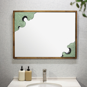 中式实木框浴室镜中国风复古卫浴镜壁挂洗手台卫生间禅意化妆镜子