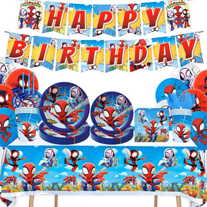 蜘蛛侠一家人主题儿童生日派对装饰纸盘纸杯帽桌布拉旗气球背景布