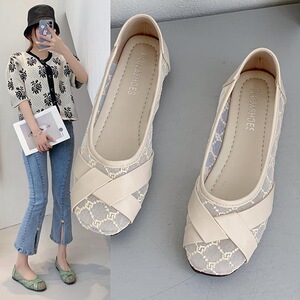 鸿曼商贸单鞋女透气渔夫鞋飘梅新款圆头浅口网纱休闲鞋平跟豆豆鞋