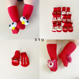 2023新年红色婴儿袜子ins韩版纯棉防滑中筒袜1岁周岁过年宝宝长袜
