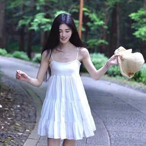 鞠婧祎宋祖儿同款白色吊带连衣裙女夏法式初恋超仙仙女小个子短裙