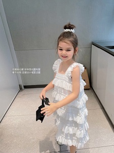 女童连衣裙2024夏季新款洋气儿童宝宝小女孩白色蛋糕裙无袖公主裙