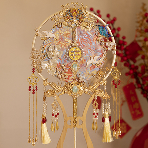 中式新娘团扇diy材料包金色手工双面刺绣喜扇婚礼秀禾服结婚扇子
