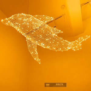 铁网鲨鱼鲸鱼海豚鱼形吊灯工业风餐厅咖啡厅铁艺装饰动物造型鱼灯