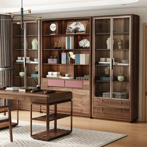 现代中式实木书柜组合全实木简约书房家具背景墙乌金木定制大书橱