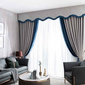现代轻奢窗幔帘头窗帘简约客厅冰川灰拼经典蓝遮光 纯色卧室飘窗