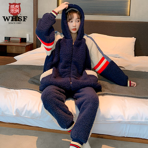 睡衣女秋冬季珊瑚绒加厚学生校服法兰绒可外穿拉链连帽家居服套装