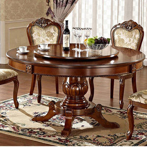 欧式餐桌椅组合6人美式圆形饭桌子实木酒店大圆桌1.5/1.8米带转盘