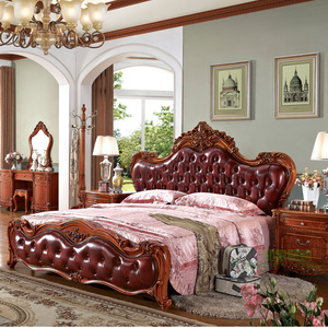 欧式实木头层真皮大床豪华别墅美式卧室1.8米席梦思实木雕花婚床