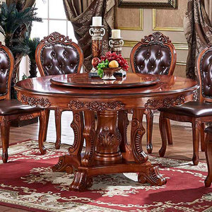 欧式餐桌椅组合6人实木圆桌带转盘美式大理石餐台2米家用饭桌8人