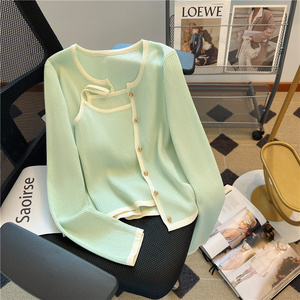 法式高级感绿色长袖针织开衫女2024春季短款外套+吊带背心两件套