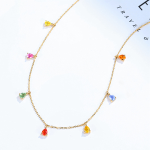 宝石矿工 18k黄金彩虹项链 1克拉水滴形彩色蓝宝石锁骨链女士