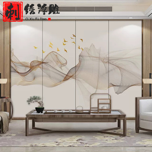 新中式抽象硬包背景墙山水画客厅沙发影视墙壁画现代轻奢刺绣定制