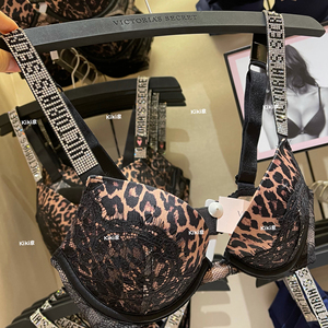 维多利亚的秘密 水钻肩带蕾丝豹纹性感深v聚拢文胸有钢圈女性内衣