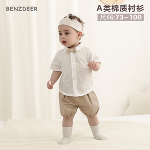 benzdeer韩国2024夏男宝宝领结婴幼儿童百天周岁礼服短袖纯棉衬衫