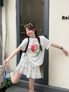 韩系甜辣妹美人鱼印花短袖T恤女夏季新款芭蕾荷叶边蓬蓬裙两件套