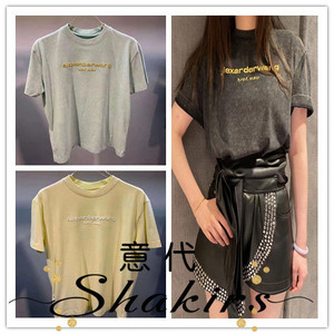alexander wang 亚历山大王刺绣金色字母logo做旧复古短袖男t恤女