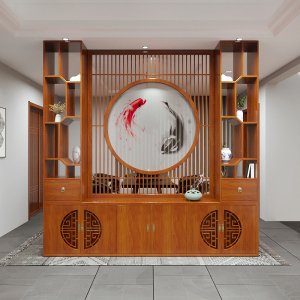 新中式实木入户门玄关隔断客厅刺绣屏风组合柜定制白蜡木小户型