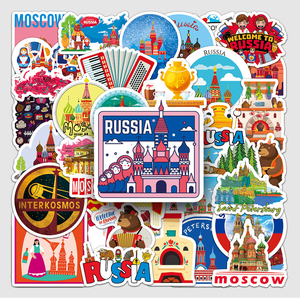 俄罗斯 旅游50张不重复贴纸包旅行手账咕卡手机行李拉杆箱水杯贴
