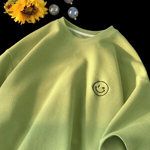 绿色t恤短袖女2022年夏季新款设计感小众半袖体恤华夫格上衣ins潮